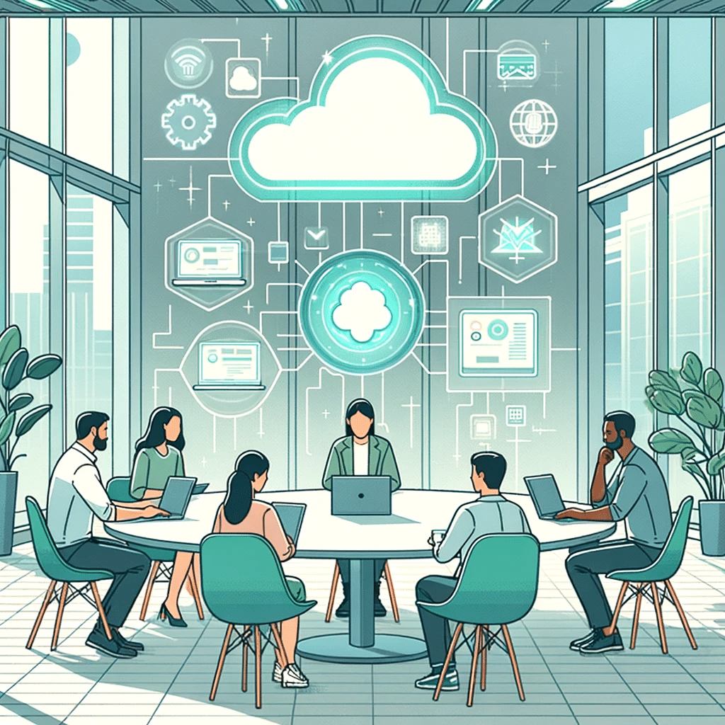 Innovative IT-Lösungen: maßgeschneidert und KI-optimiert 1 DALL·E 2023 10 30 14.42.41 Photo of a round table with 3 4 diverse individuals sitting around it in a modern office setting. Each person has a laptop or tablet in front of them