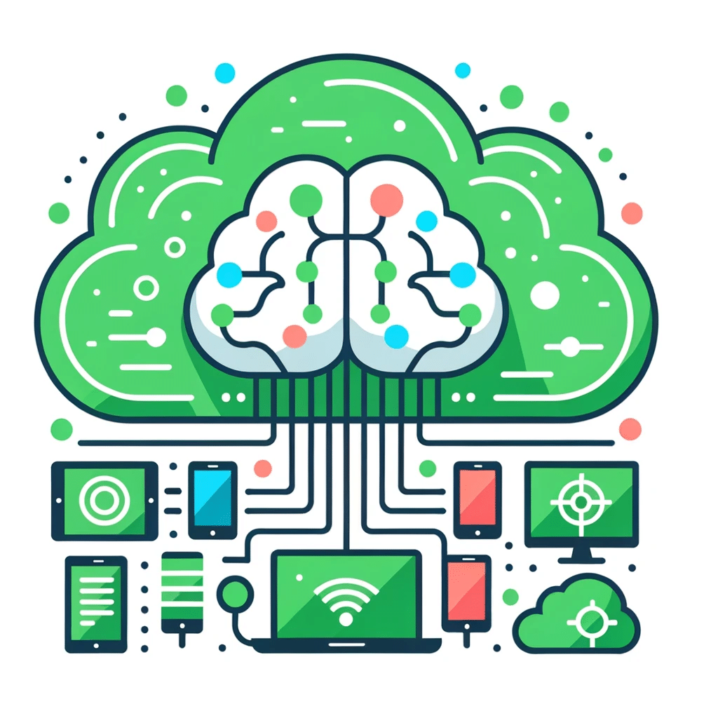 DALL·E 2023 10 30 14.51.55 Simplistic illustration with a white background predominantly using the color green with RGB values R 37 G 195 B 93. A large central cloud symbol w